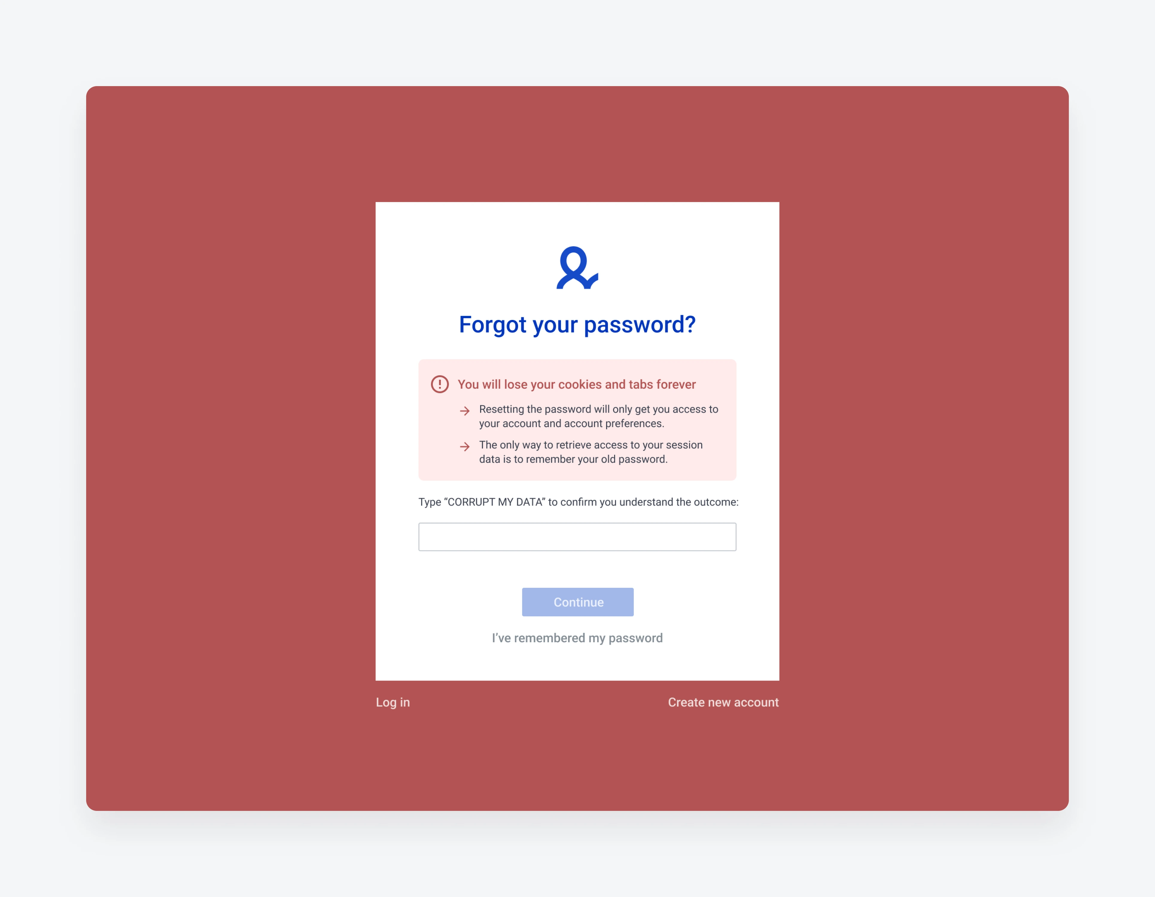 Reset flow — the Corrupt my data confirmation step