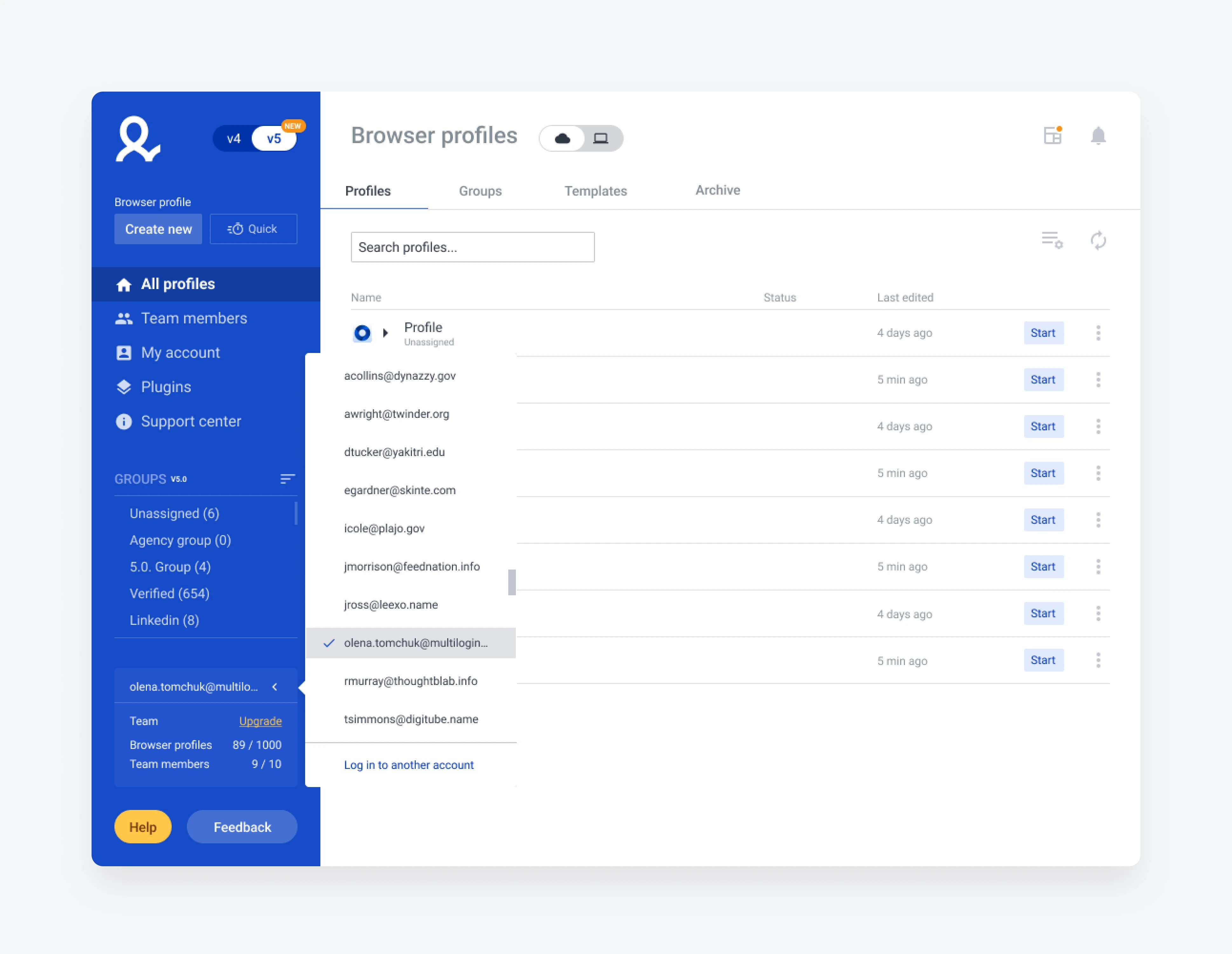 Account switcher — switch, add, remove, create