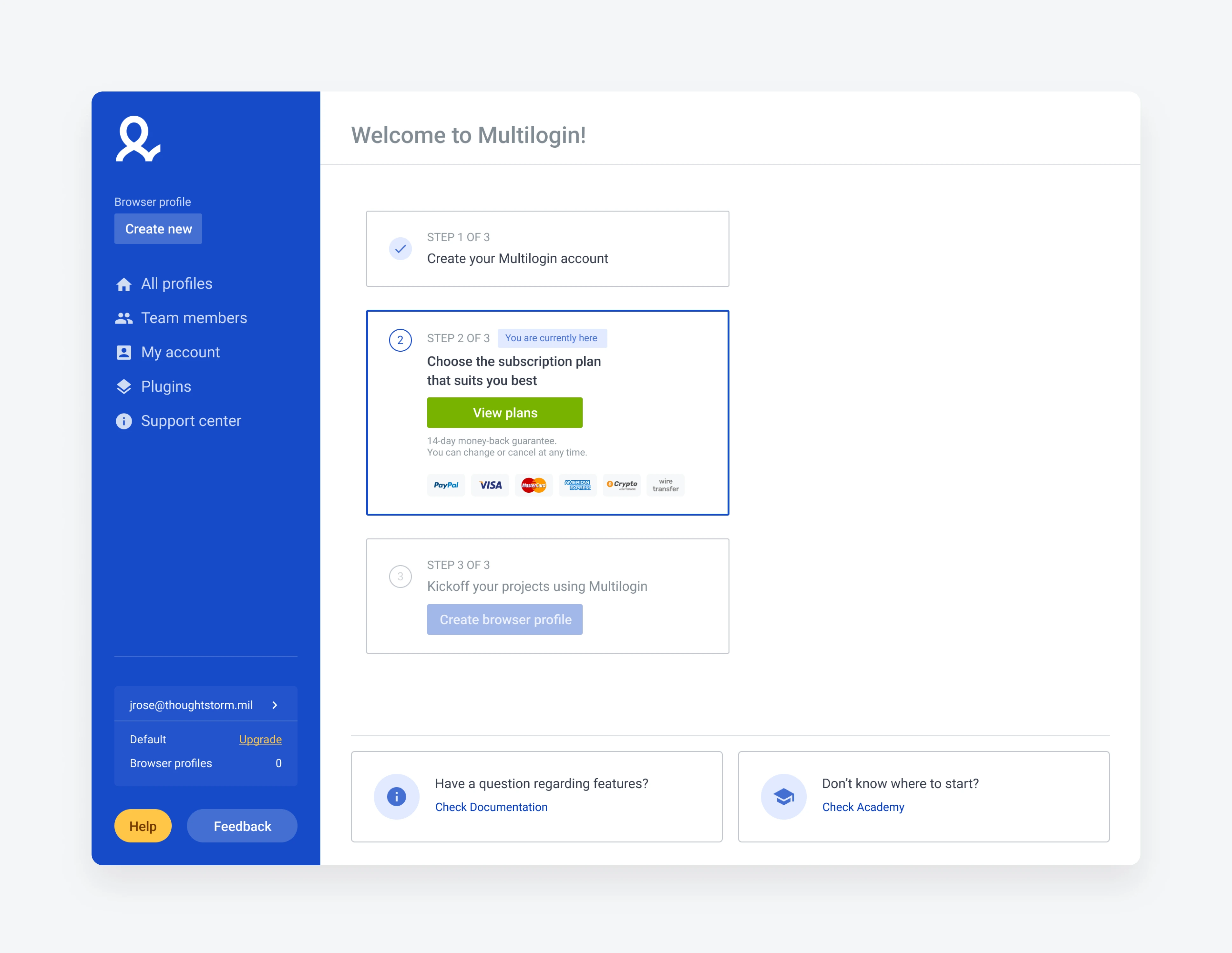 Welcome page — registered-to-paid activation