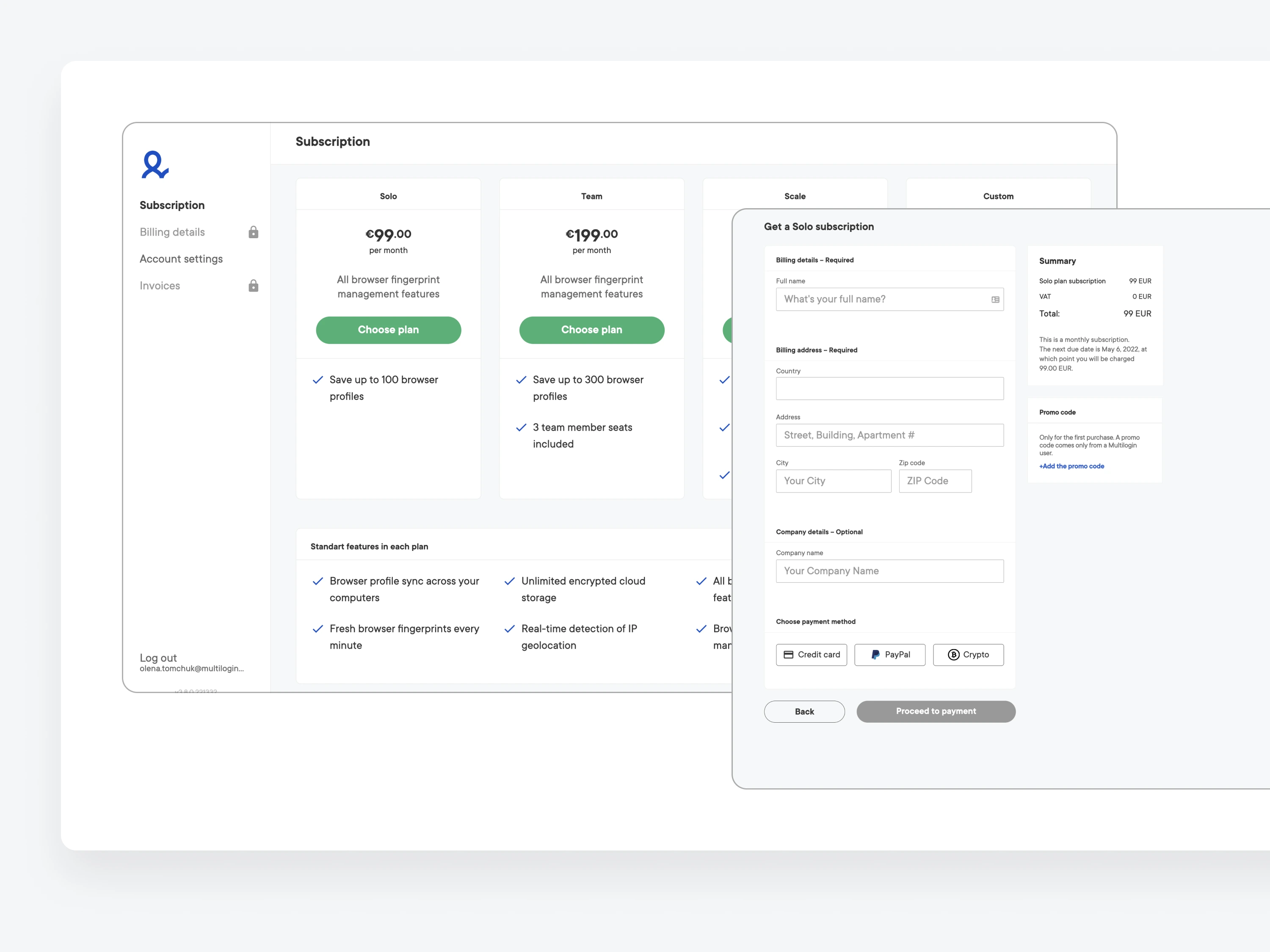 Desktop — subscription and payment
