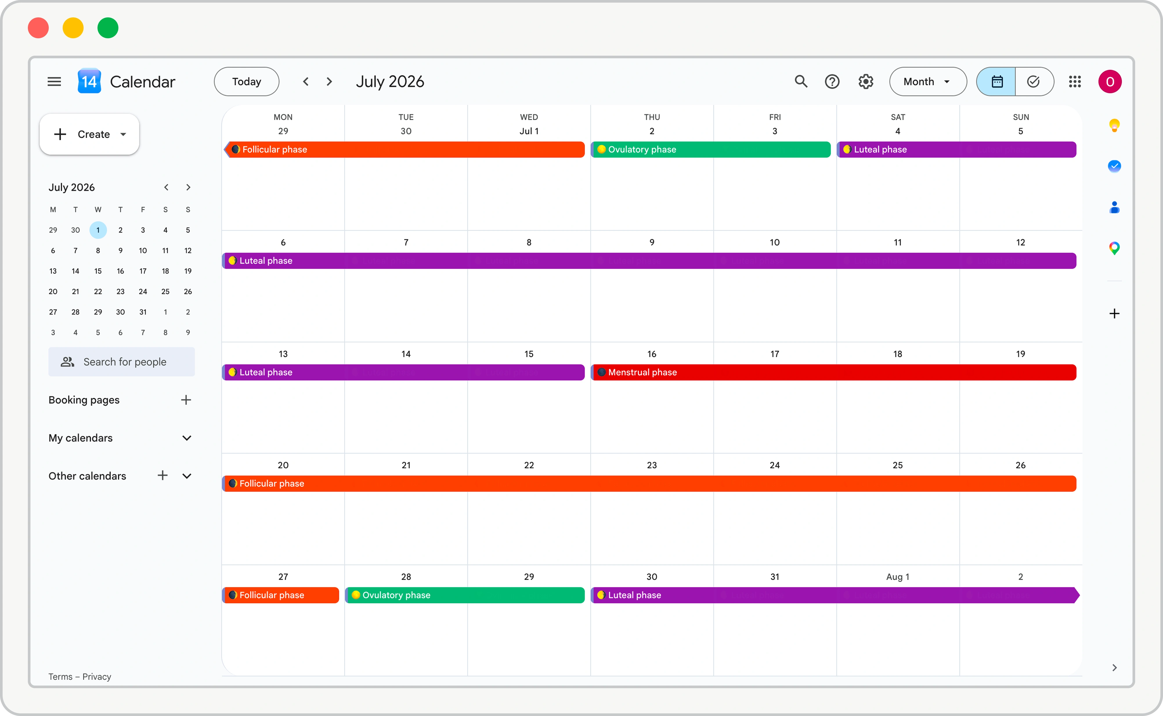 Cycle Calendar — phase event detail