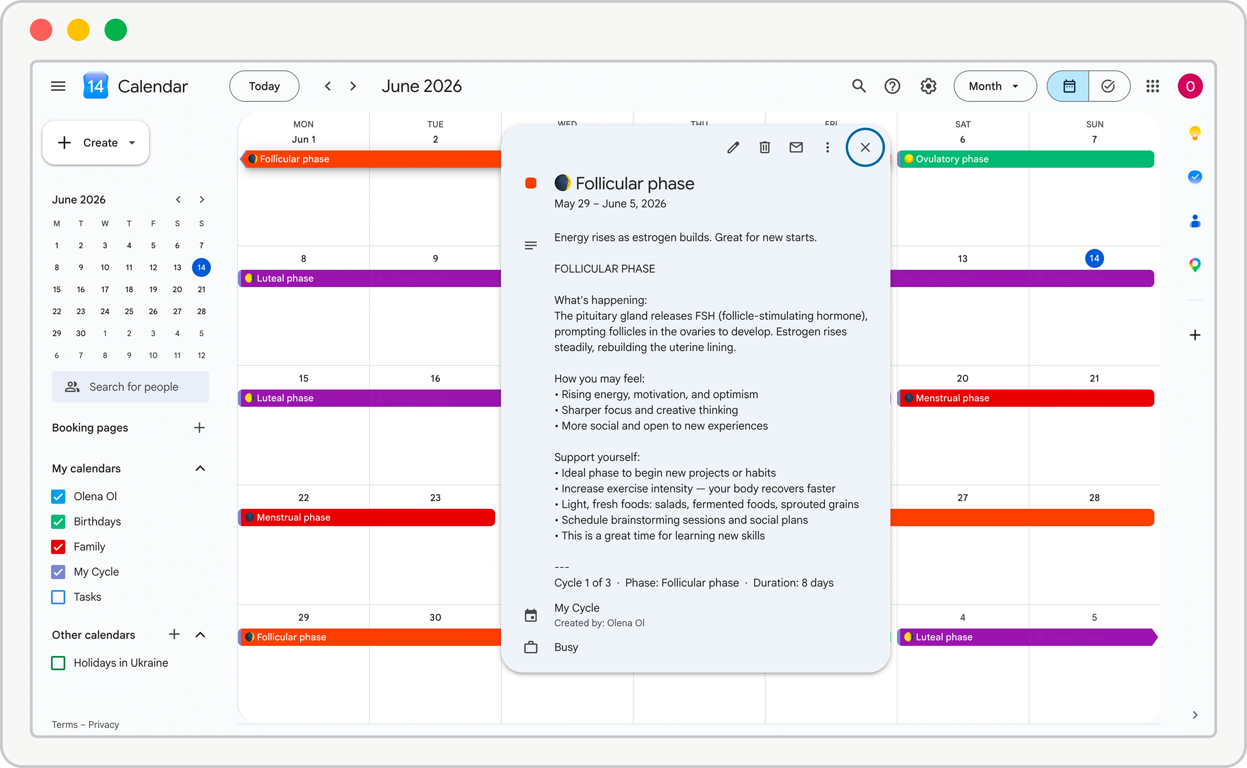 Cycle Calendar — extension and setup